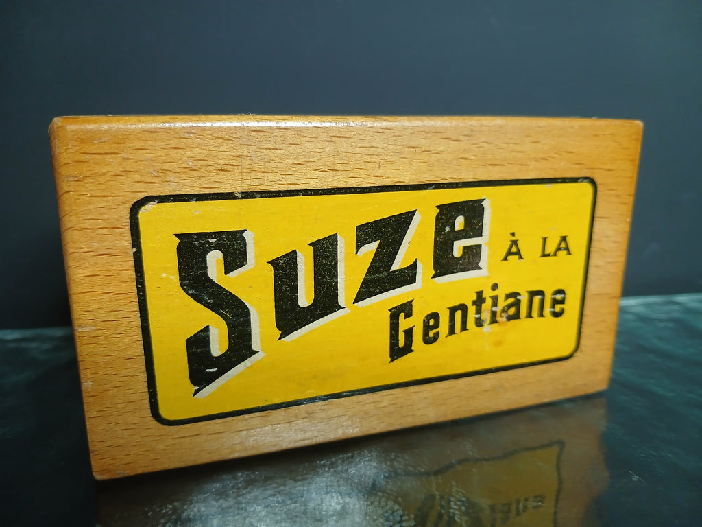 Authentique boîte publicitaire Suze à la Gentiane en bois verni