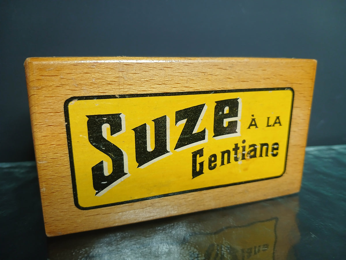 Authentique boîte publicitaire Suze à la Gentiane en bois verni