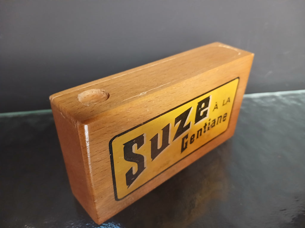 Authentique boîte publicitaire Suze à la Gentiane en bois verni