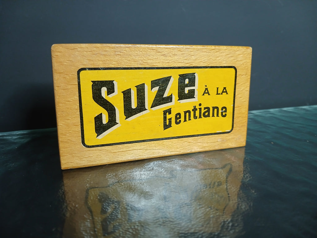 Authentique boîte publicitaire Suze à la Gentiane en bois verni