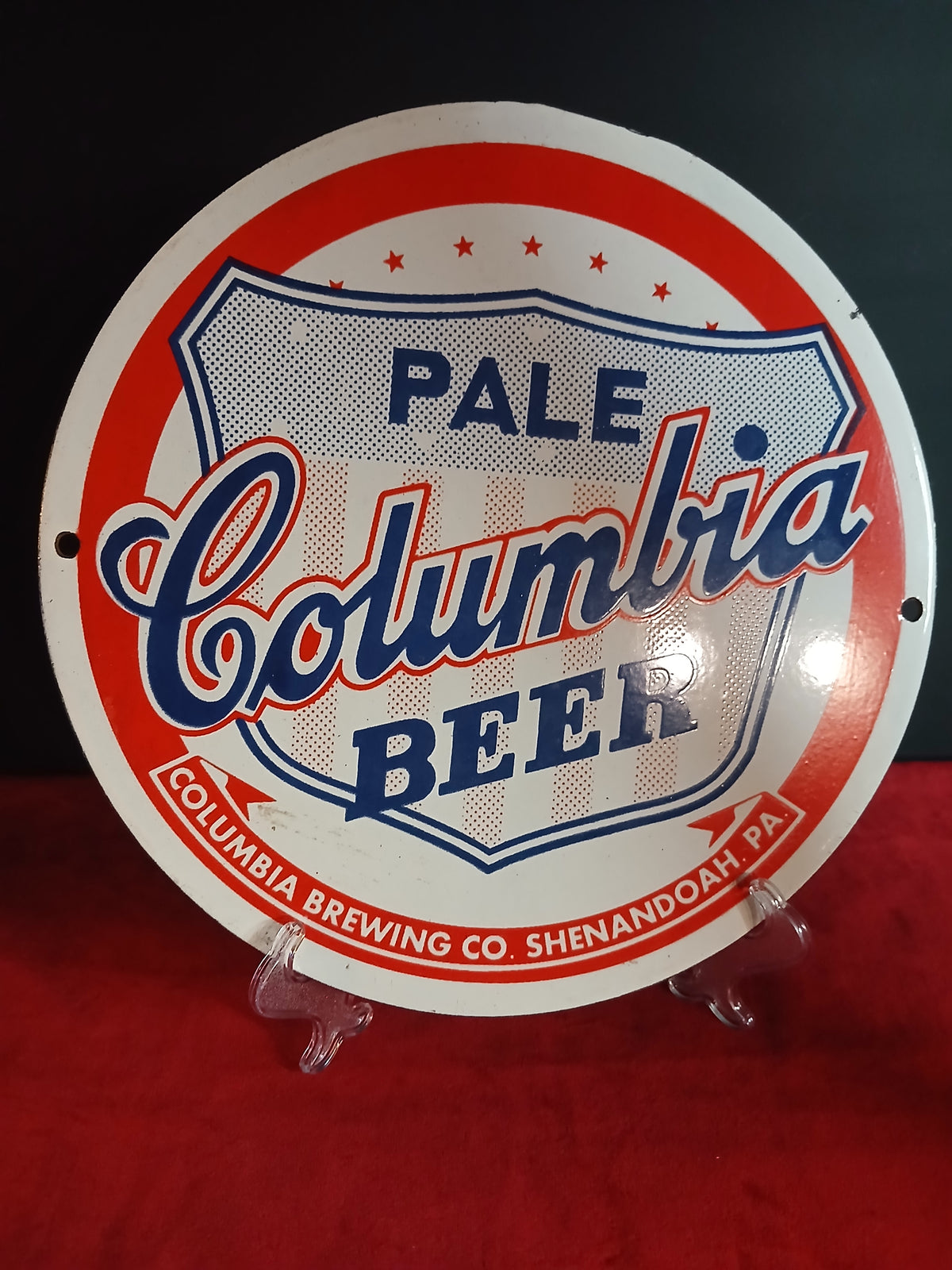 Plaque publicitaire ronde émaillée pour la bière Columbia Pale Beer