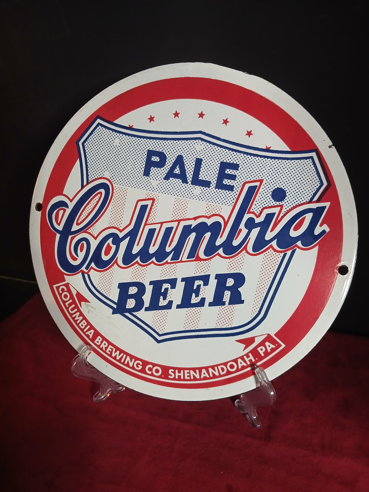 Plaque publicitaire ronde émaillée pour la bière Columbia Pale Beer