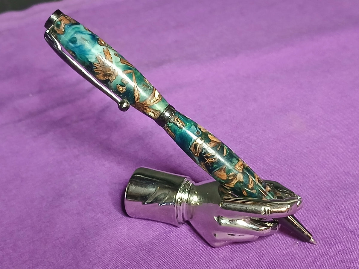 Superbe porte-stylo en métal chromé en forme de main