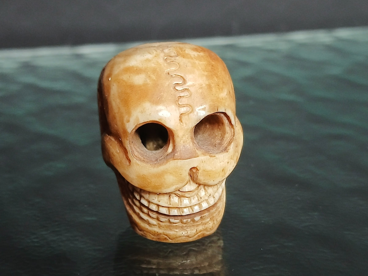 superbe crâne sculpté en os de yak, début du XXe siècle