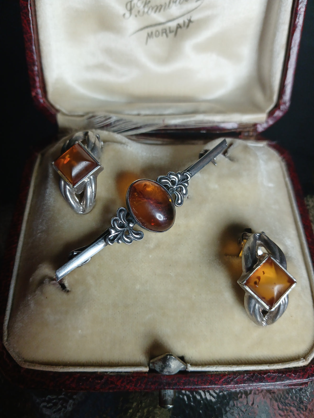 Parure vintage authentique en argent et ambre de la Baltique, 1920-1930